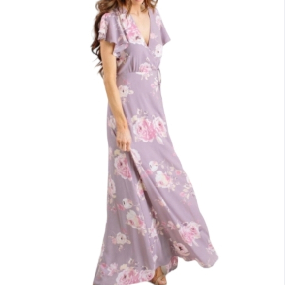 Morning Lavender Purple V-Neck Flutter Sleeve Wrap Maxi Dress Size M - Picture 3 of 5